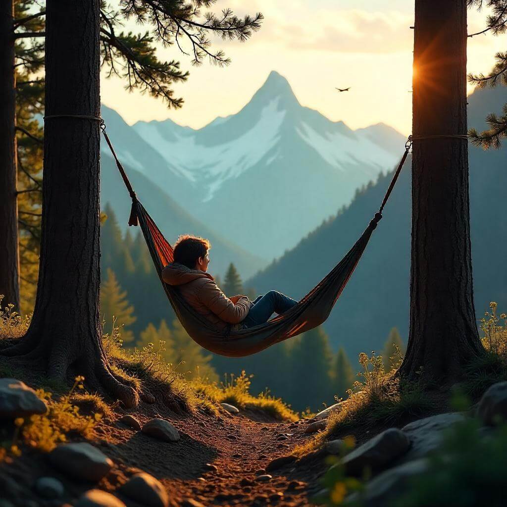 An adventure scene with a hammock strung between trees or a drone flying over a mountain landscape.