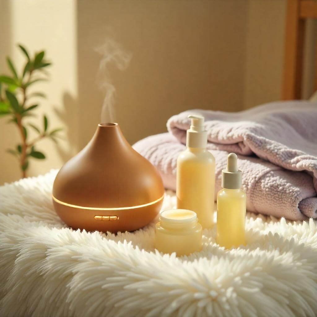 A cozy setup with a diffuser, weighted blanket, and skincare products arranged on a plush surface.
