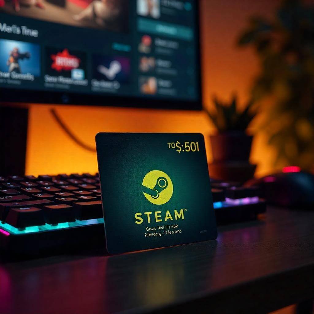 A high-resolution photo of a physical Steam gift card on a gaming desk with a keyboard and RGB lighting. Use green and black tones for a modern, tech-savvy feel.