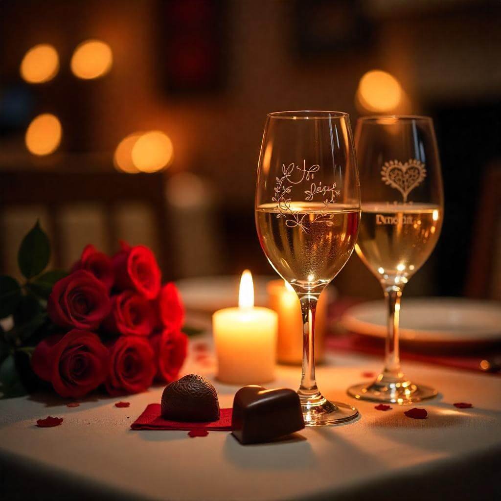 A candlelit dinner table for two, featuring engraved wine glasses, a bouquet of roses, and heart-shaped chocolates.