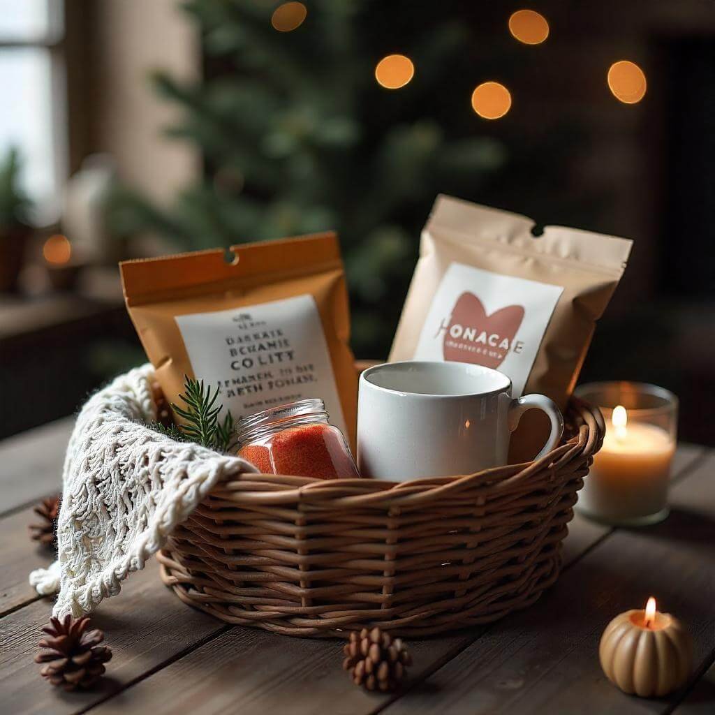 A cozy image of a DIY gift basket with colorful items like snacks, candles, and a mug, arranged on a wooden table.
