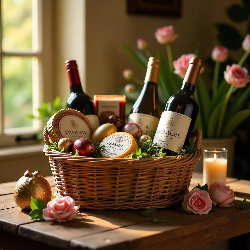An elegant adult Easter basket with wine, artisanal cheeses, chocolates, and a candle, in a wicker basket on a rustic wooden table with flowers and soft sunlight.