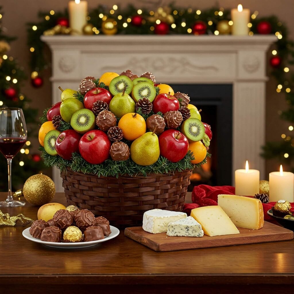 A personalized fresh fruit basket with chocolates, cheeses, and a note, set against a festive holiday backdrop.