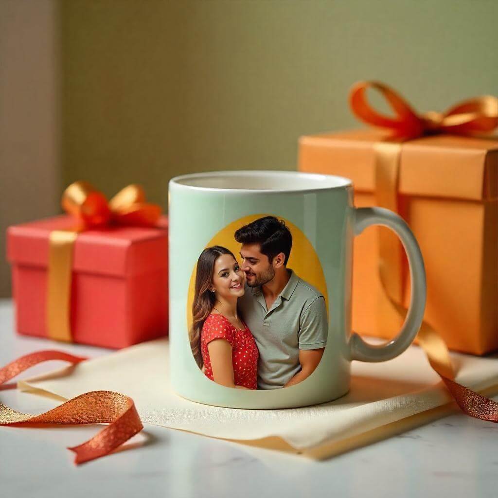 A finished personalized mug with a colorful design (e.g., family photo), on a table with a gift box, tissue paper, and ribbon.