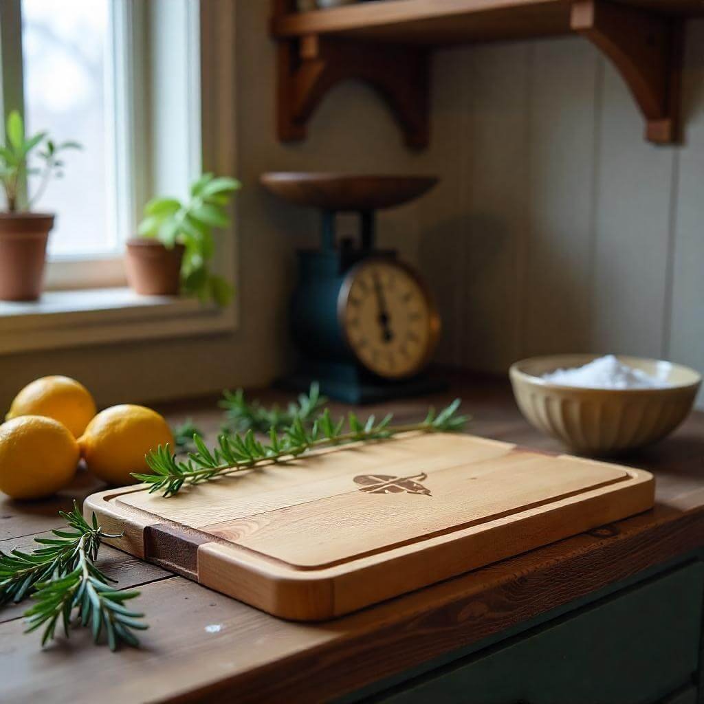 A high-resolution image of an engraved cutting board on a kitchen counter with fresh ingredients. Style: Clean, minimalist.