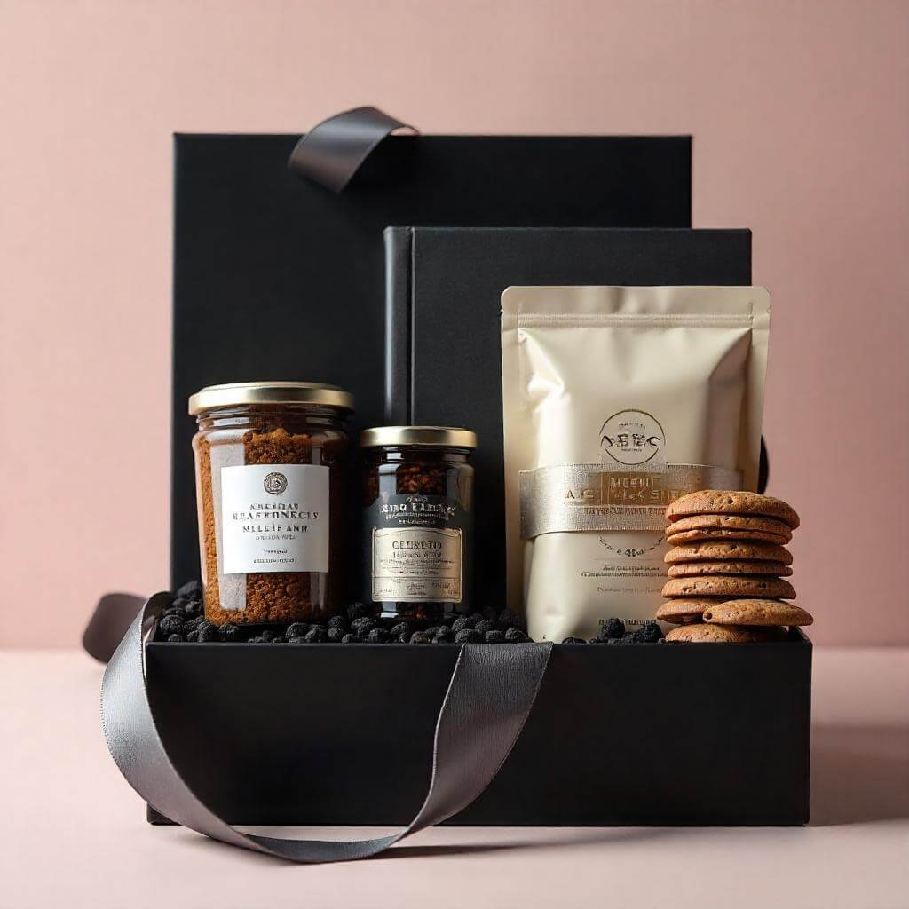 A themed gift hamper for a coffee lover, featuring coffee beans, a French press, and a ceramic mug, arranged on a rustic wooden table.