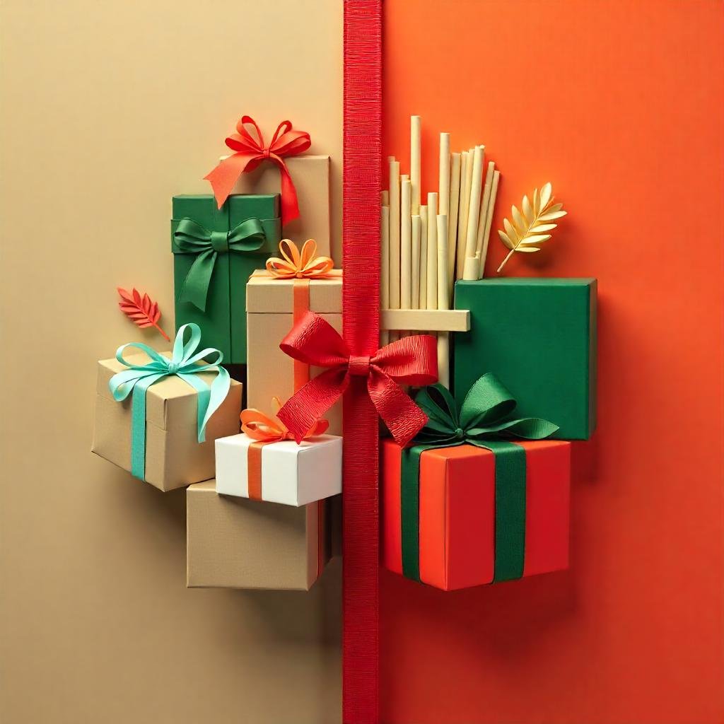 A split image contrasting outdated gifts (e.g., plastic toys, generic gift cards) with modern alternatives (e.g., sustainable straws, smartwatches). Use a bold red-green palette to highlight the festive contrast.