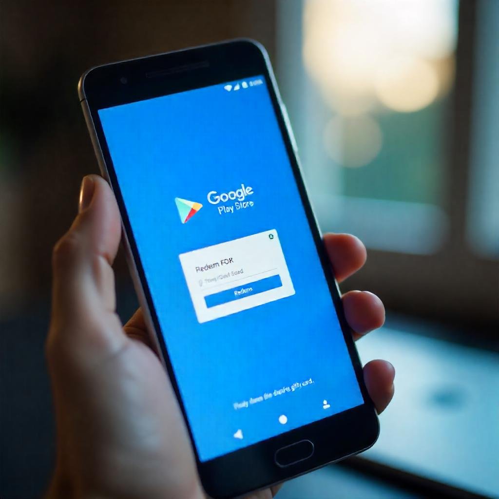 A smartphone displaying the Google Play Store’s “Redeem” screen with a gift card code.