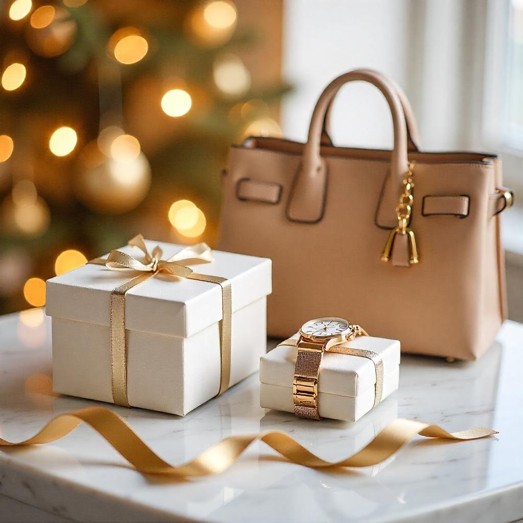 A sleek, modern display of luxury gifts (smartwatch, handbag, espresso machine) on a marble or glass surface, with subtle holiday accents like gold ribbons.