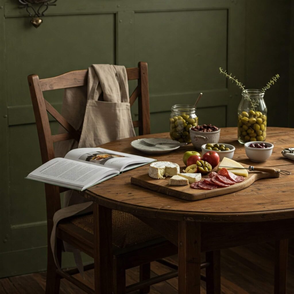 A kitchen table with a charcuterie board, cookbook, and apron. Warm lighting.