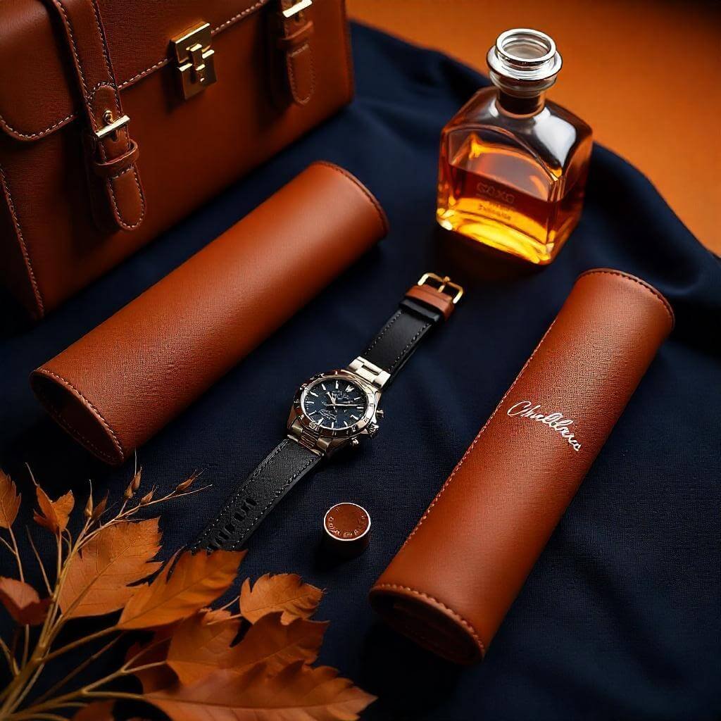 A flat-lay of premium gift items, such as a leather briefcase, engraved decanter, and custom watch roll.
