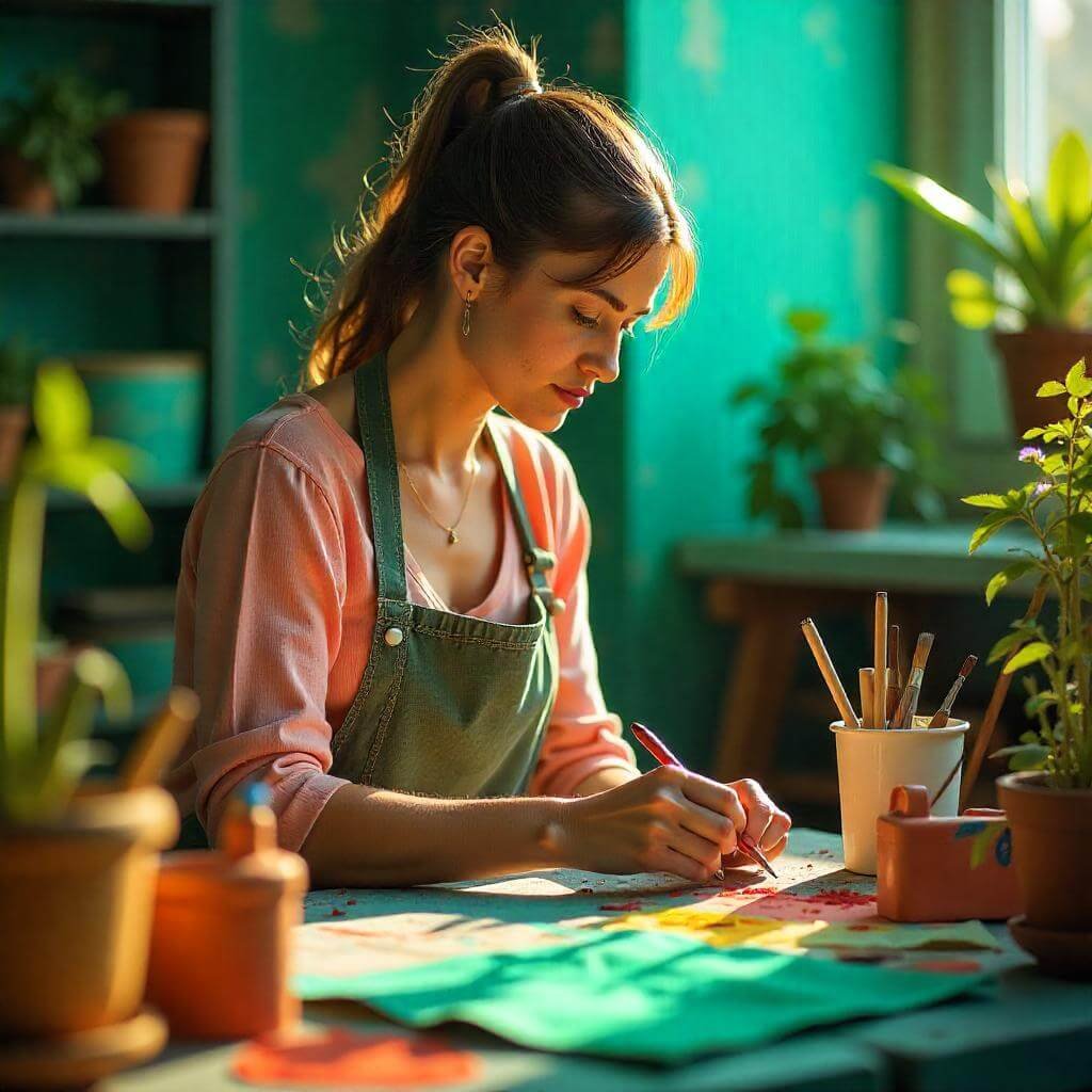 A vibrant scene of a woman gardening or painting, with tools and supplies around her.