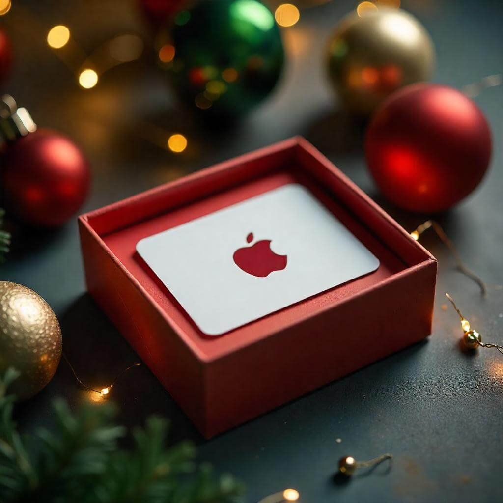 A festive shopping scene with a physical Apple Gift Card displayed prominently in a gift box, surrounded by holiday decorations. Use warm tones (red, green, gold) to capture the holiday spirit.