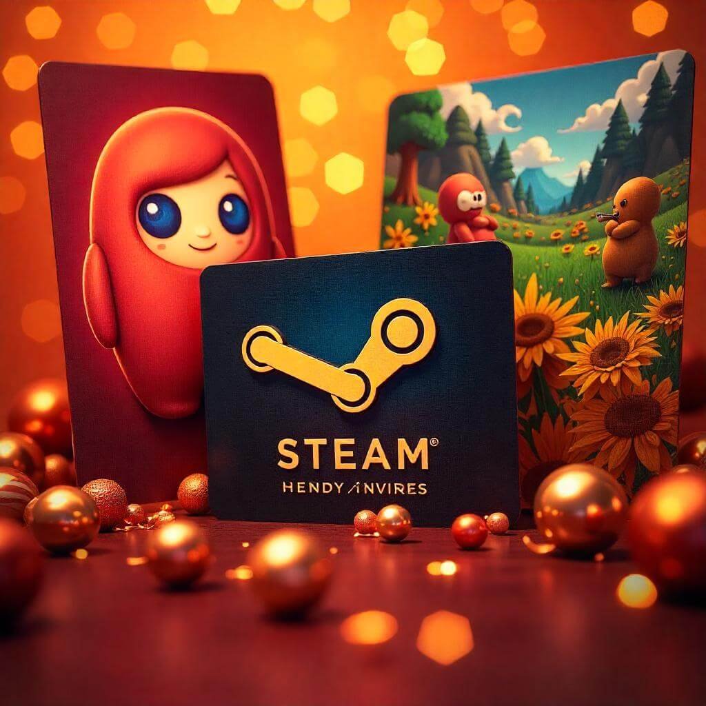 A digital collage of popular Steam games (e.g., Among Us, Elden Ring) with a gift cards at the center. Use bright, varied colors for a fun, celebratory tone.