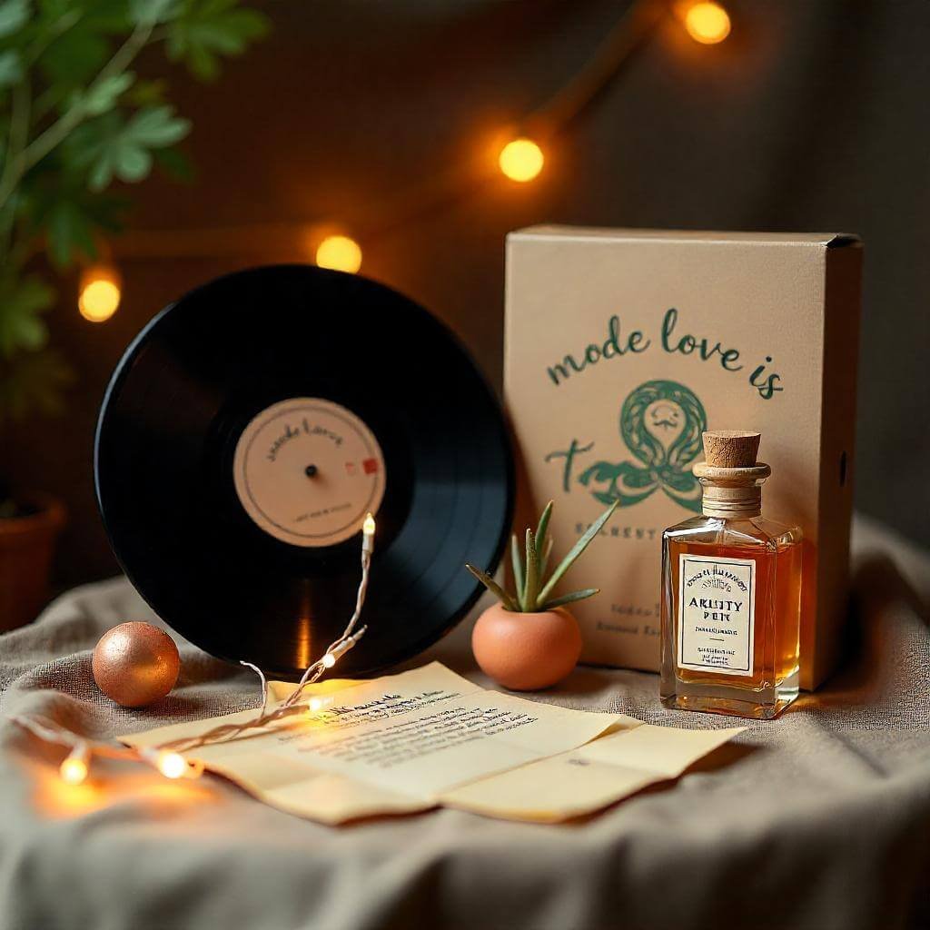 A creative display of a vinyl record, a pottery kit, and a custom perfume bottle, arranged with fairy lights and a vintage love letter.
