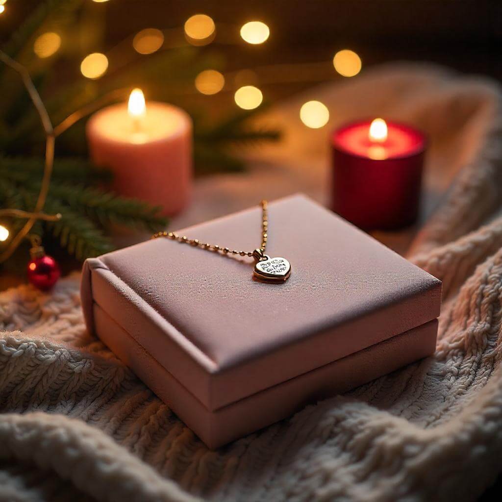 A personalized gift, such as an engraved necklace or photo book, displayed on a velvet cushion with soft holiday lighting Framing should emphasize the customization aspect.