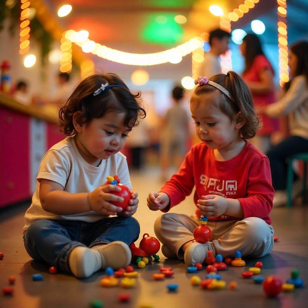 Kids playing with colorful toys in a festive setting.