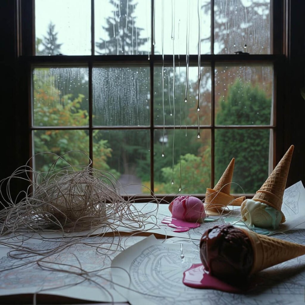 Fumbling card into wallet by rainy window.