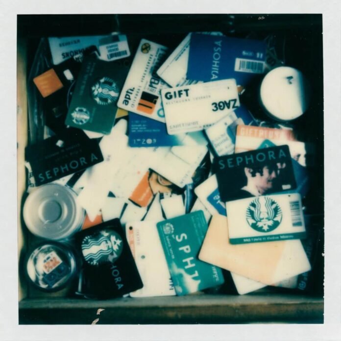 Junk drawer gift card chaos, teal polaroid.
