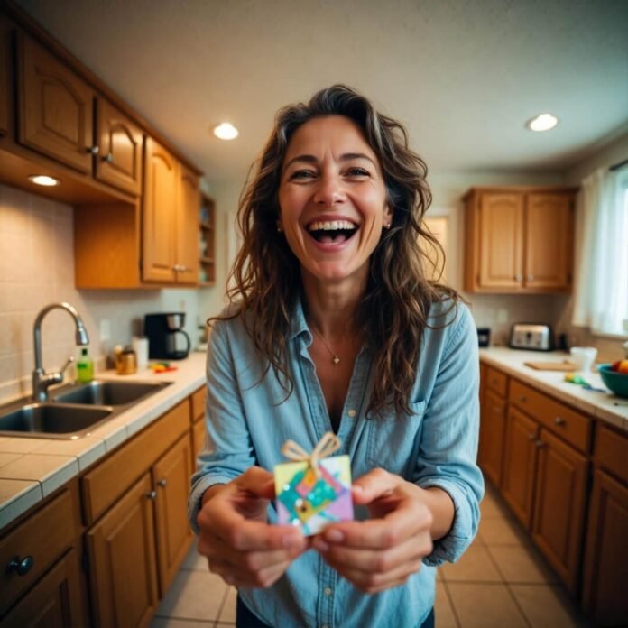 Mom laughs at quirky gift under table.