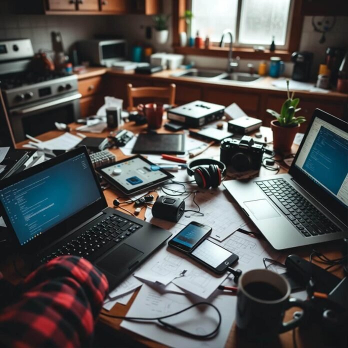Anxious peek over cluttered kitchen prototypes.