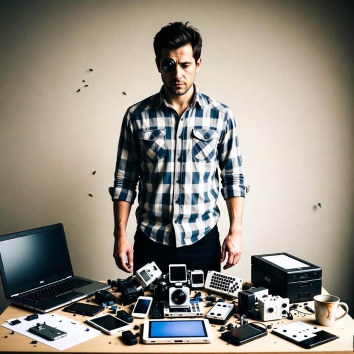 Dude ponders gadget chaos.