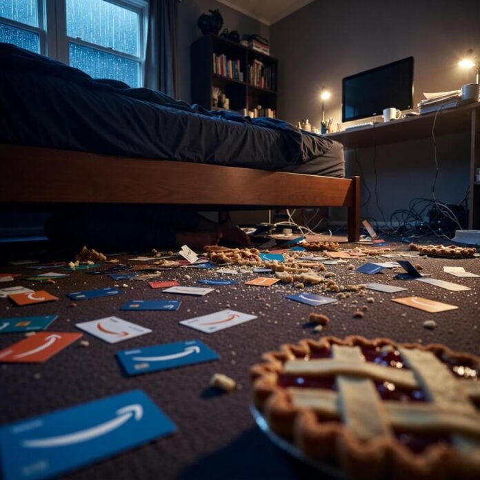 Pie and gift cards under bed chaos.