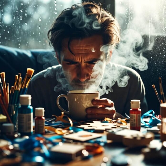 Rainy window glow on a mess of customized gifts, from the angle of someone who's one spill away from quitting.