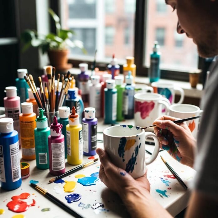 Messy mug painting in progress.