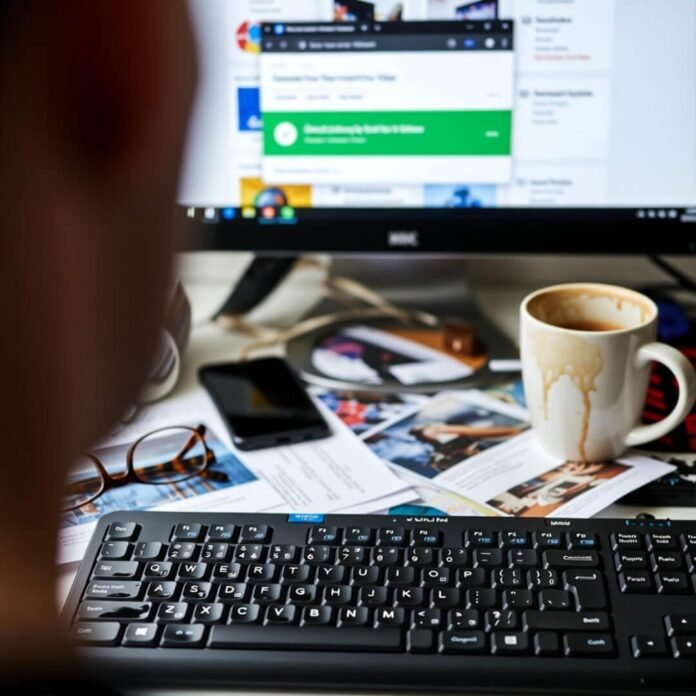 Greasy keyboard chaos with coffee stains and deal pop-up.