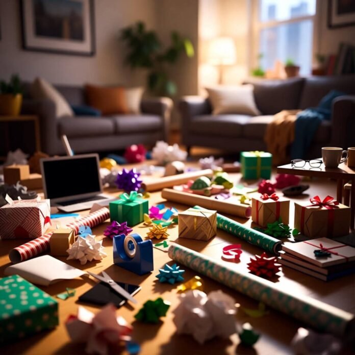 Chaotic NYC floor with half-wrapped gifts, turtle, and megaphone.