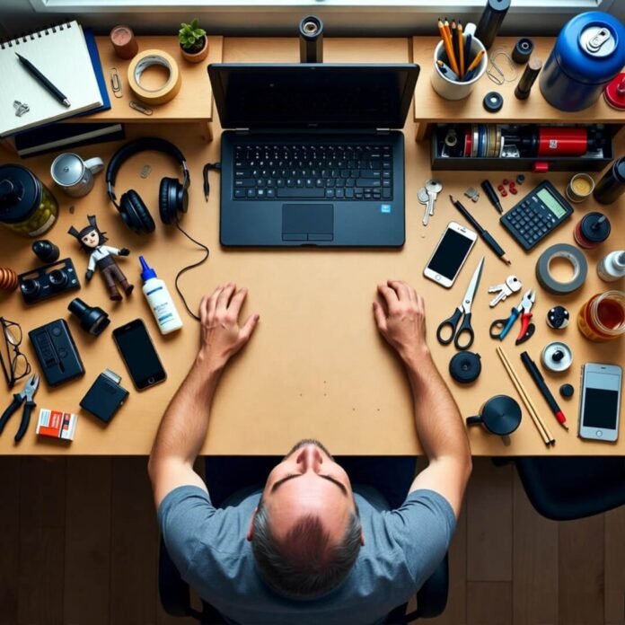Chaotic workbench peek with gadgets and pretzels.