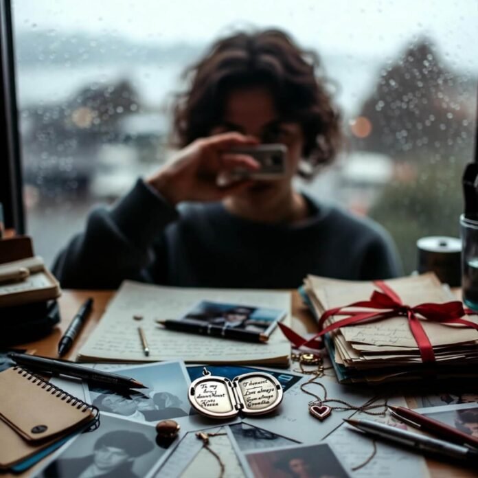 Locket on cluttered desk, rainy Seattle view.
