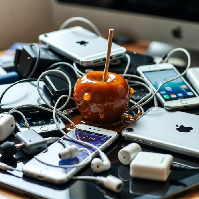 Caramel apple tangles Apple devices.