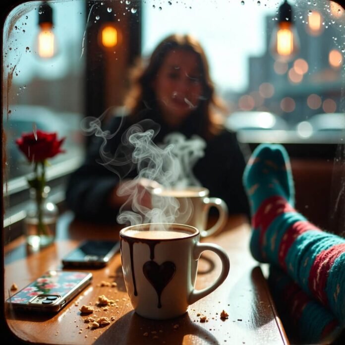 Steamy café brunch with dripping chocolate heart.