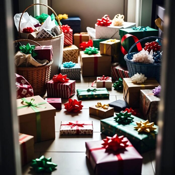 Tumbling gift baskets chaos from floor view