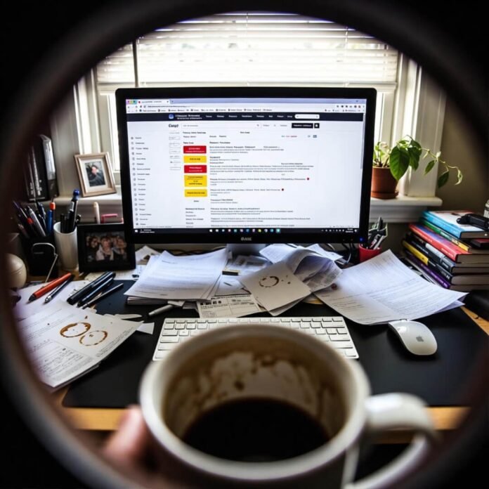 Cluttered desk coupon hunt over mug.