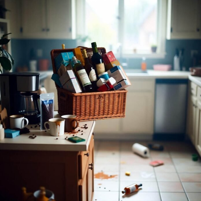 Teetering hamper chaos, coffee spills galore.