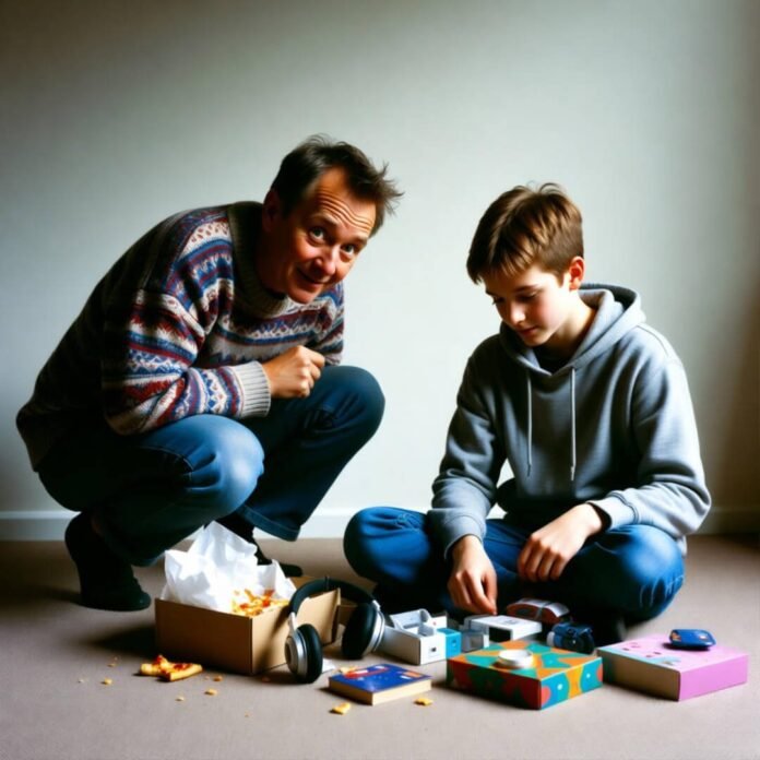 Hazy teen ripping into gifts, pizza crumbs and glow everywhere.
