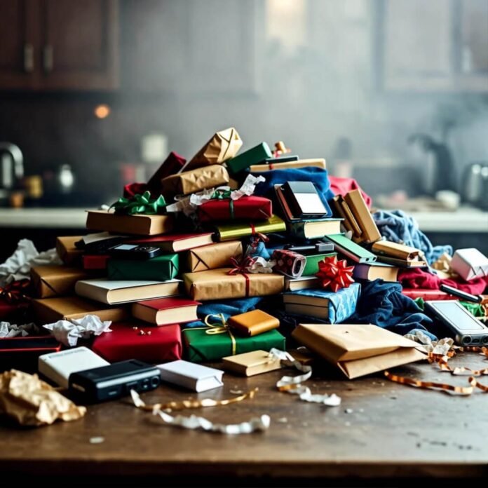 Foggy chaotic Christmas gifts on table.