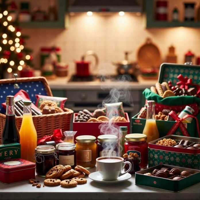 Cozy hampers, steaming cocoa, holiday warmth.