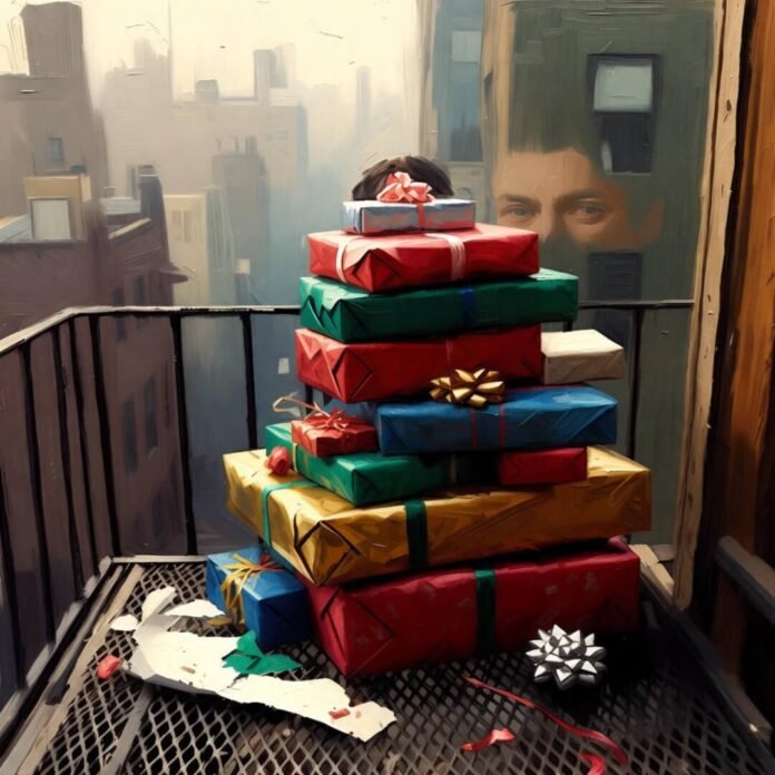 Blurry stacked gifts on fire escape.
