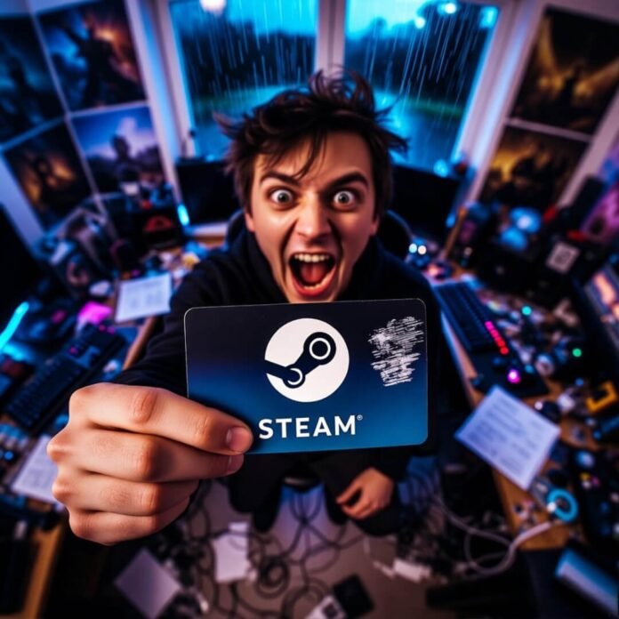 Ranting gamer waves Steam card.