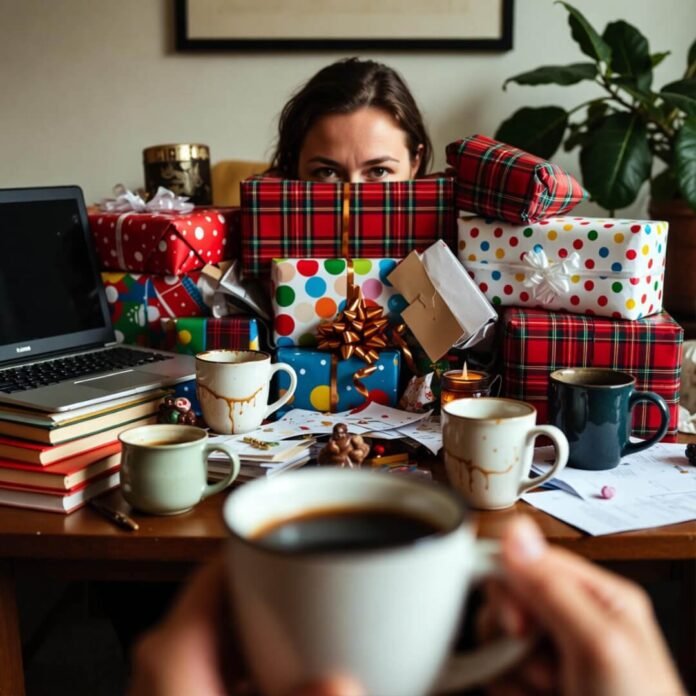 Peeking at gift pile over coffee mug.
