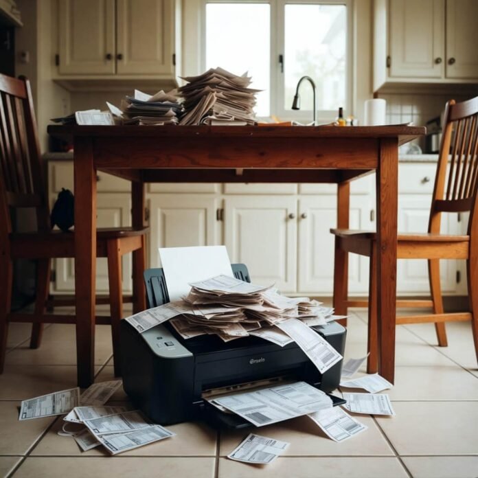 Sneaky printer chaos spilling coupons under table.