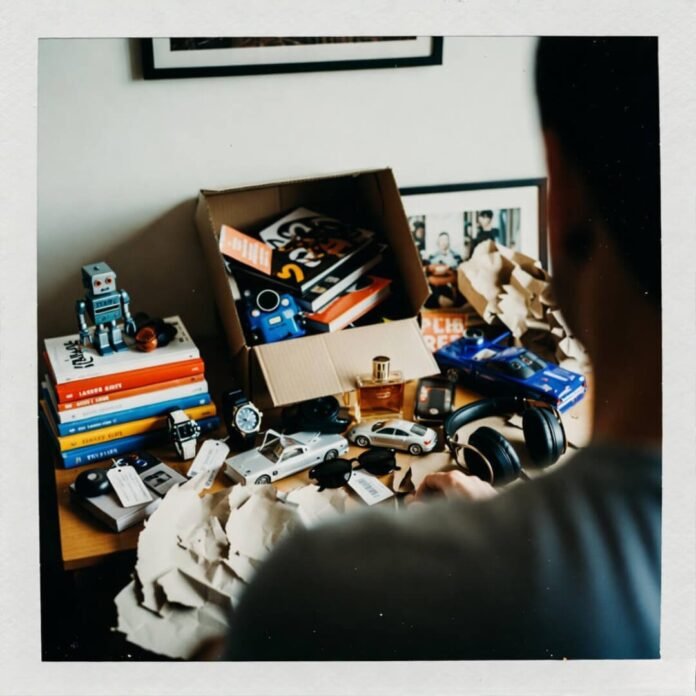 Last-minute gifts spilling from beat-up box.