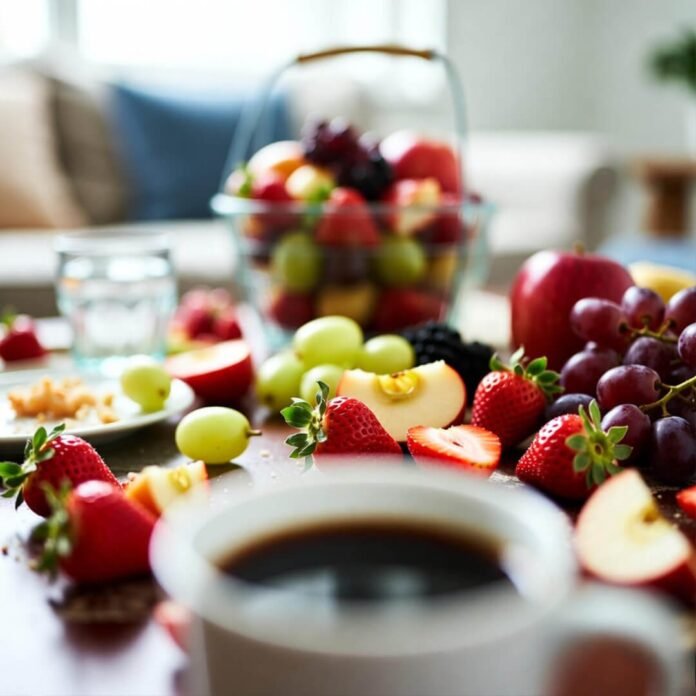 Half-eaten fruit basket coffee mug mayhem