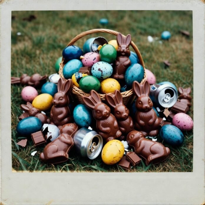 Wryly chaotic Easter basket overflow with arguing bunnies and hidden beer cans.