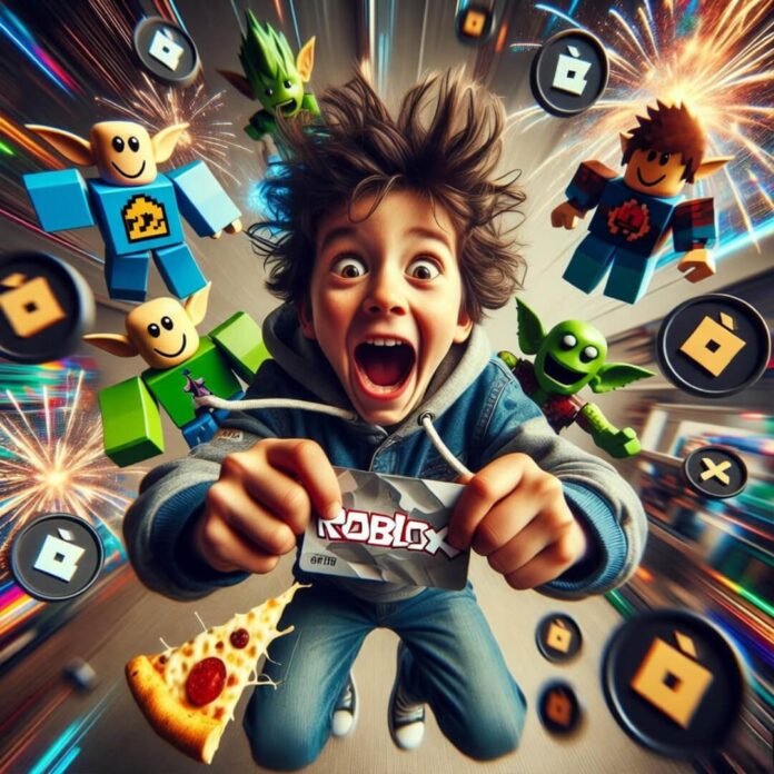 Kid jumps with Roblox card, avatars explode in glitchy chaos.
