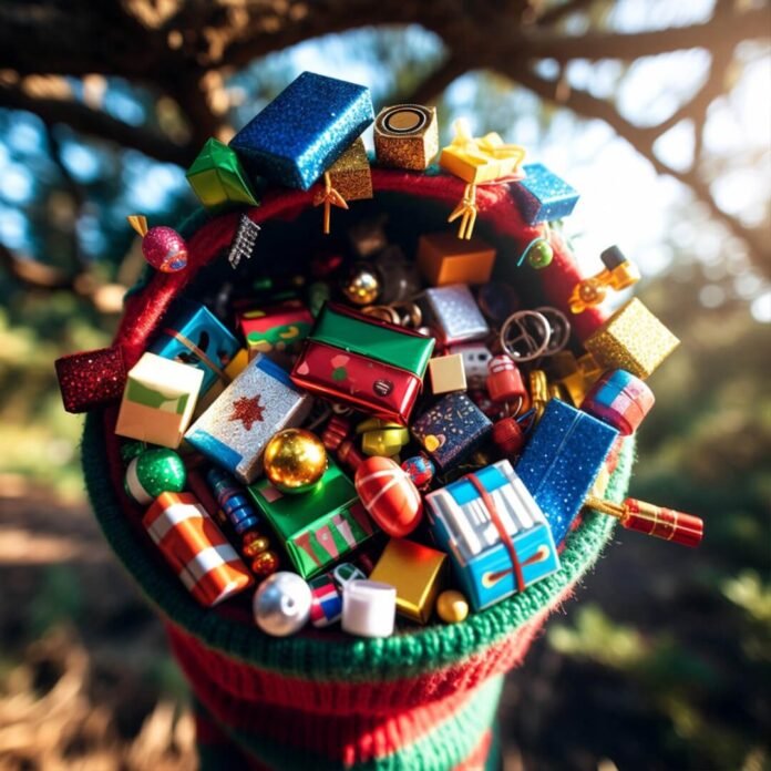 Bursting stocking spills glittery gifts.